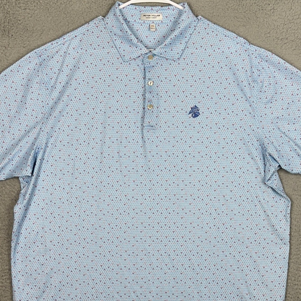 Peter Millar Polo Shirt Mens 2XL Summer Comfort Light Blue Geometric Golf Rugby